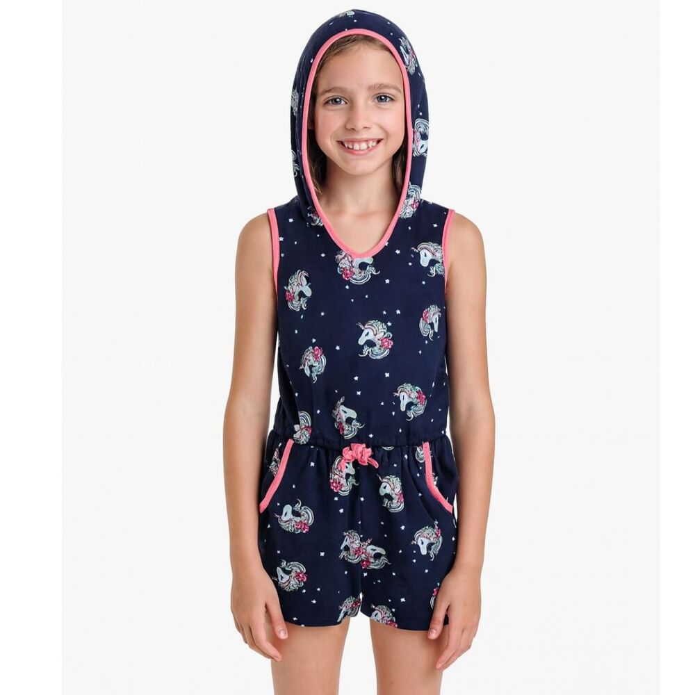 Shosho Girls Unicorn Hooded Romper Size 5 Navy & Pink Summer Kidcore patterned